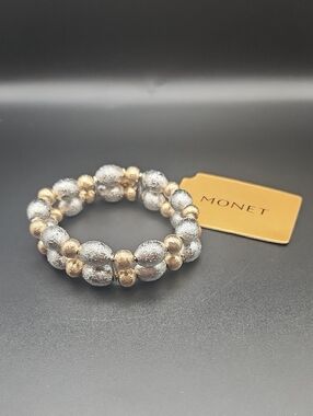 Monet Silver and Gold Double-Row Beaded Stretch Bracelet